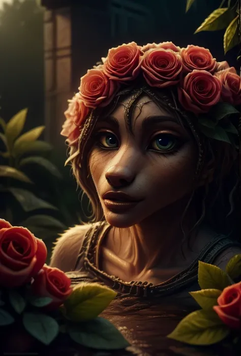 a beautiful rose anthropomorphized, where the roses have the faces of beautiful women, detailed facial features, beautiful eyes,...