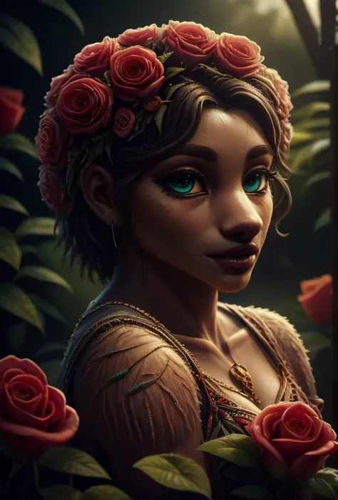 a beautiful rose anthropomorphized, where the roses have the faces of beautiful women, detailed facial features, beautiful eyes,...