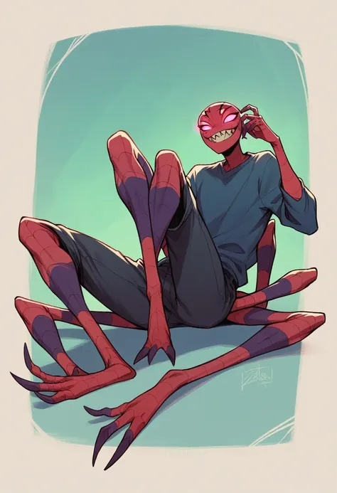 Humanoid creature, spider legs, glowing eyes, sharp teeth, smiling, resting on a web