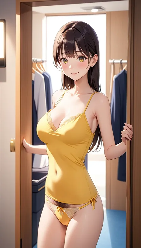 高いquality illustration, masterpiece, Very delicate and beautiful, Attractive girl,Yellow camisole、Yellow underwear),thin,Slender body,slim、Background of the dressing room,Princess, Beautiful Eyes,smile、Embarrassed、blush(masterpiece, Highest quality:1.2), H...