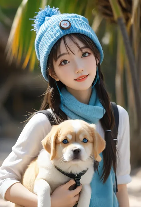 Anime Girl (((Backpack))) and (((Four dogs in the coconut grove))), ((((Blue Eyed Girl)))), (((The girl is wearing a beanie))), Lovely and detailed digital art, Cute numbers, ((((The camera is in front of the character)))), guweiz style artwork, Realistic ...