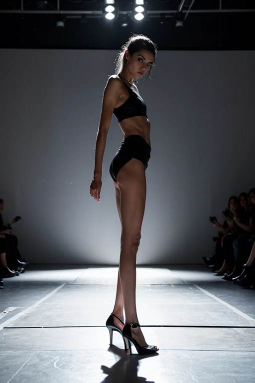 Full body view, front side, back side, A thin and skinny woman, (anorexic:1.2) body shape, long legs, flat chest, wearing a face mask, detailed eyes with long eyelashes, dark makeup, mascara, on a fashion show catwalk, high fashion, model show, dramatic li...