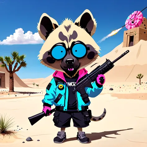 blue candy head, pink eye, mouse ear, hyena face, blue techwear jacket, black shorts, holding machinegun, desert