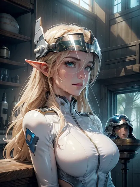 masterpiece, Highest quality, Highly detailed CG Unity 8K wallpapers,((whole body)), ((Spaceship hangar)), (Long pointy ears), (Elegant long wavy platinum blonde hair), (A toned and slender body), ((Average Chest Circumference, Self-illuminating skin)), ((...