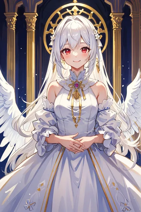 (masterpiece，Highest quality)，A girl，White hair，Gods，（White Dress，Angel Wings，corolla, Red eyes，Purple necklace），Perfect body，Upper Body，Looking at the audience，Smile，Inside the Palace，mystery，Ethereal，cute