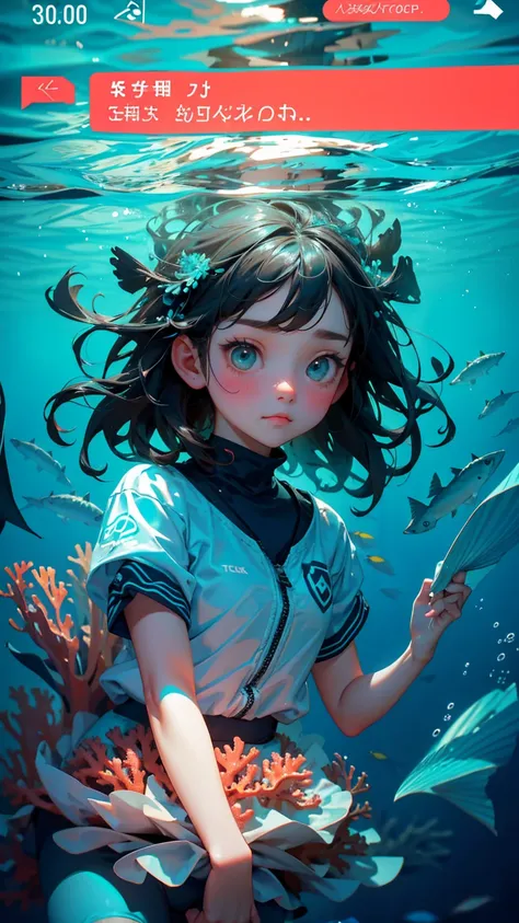 A cute girl with cute sad annoying face, stuck in fishing nets, set against the backdrop of coral reefs underwater with text below saying stuck transaction" underwater background, text  stuck transaction" showing proper in the bottom of image,  text  stuck...