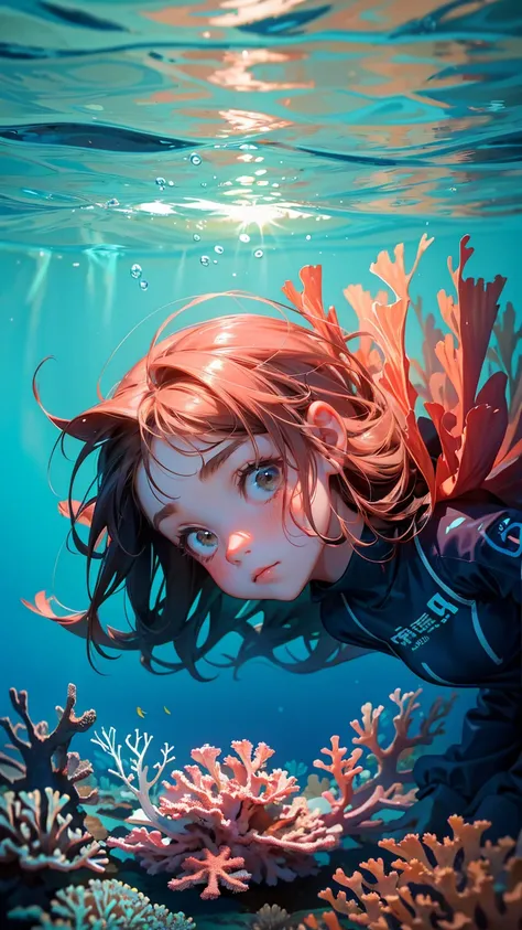 A cute girl with cute sad annoying face, stuck in fishing nets, set against the backdrop of coral reefs underwater with text below saying stuck transaction" underwater background, text  stuck transaction" showing proper in the bottom of image,  text  stuck...