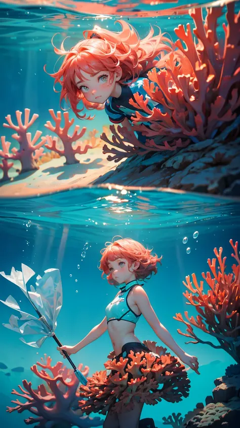 A cute girl with cute sad annoying face, stuck in fishing nets, set against the backdrop of coral reefs underwater with text below saying stuck transaction" underwater background, text  stuck transaction" showing proper in the bottom of image,  text  stuck...