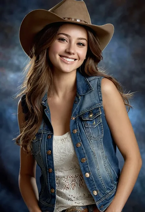 Extreme Beautiful girl from columbia, hyperrealistic face, medium-sized eyes, small nose, long brown hair, 25 years old, smiling, medium breasts, dynamic pose, jeans vest, cowboy hat, mystical dark light