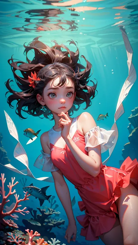 A cute girl with cute sad annoying face, stuck in fishing nets, set against the backdrop of coral reefs underwater with text below saying stuck transaction" underwater background, text stuck transaction" showing proper in the bottom of image in English lan...