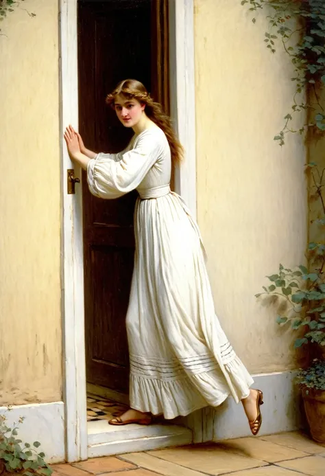 Painting of a woman in a white dress closing a door, a man bursts through the door, Pierre François Eugène Giraud, Auguste Toulmouch, Edmund Leighton, Edmund Blair Leighton, Edouard Detail, Jean-Paul Laurens, Jean-Leon Jerome, Charles Sillem Lidderdale, Je...