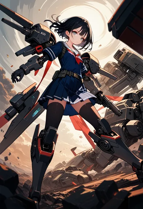 score_9, score_8_up,score_7_up, girl,summer school-uniform,superhero landing,(She has many weapons attached to her back and arms,radial),(guns,blades,mecha-arms),view from front,battle field,BREAK (14yo,detailed face,black hair,middle small breasts),dynami...