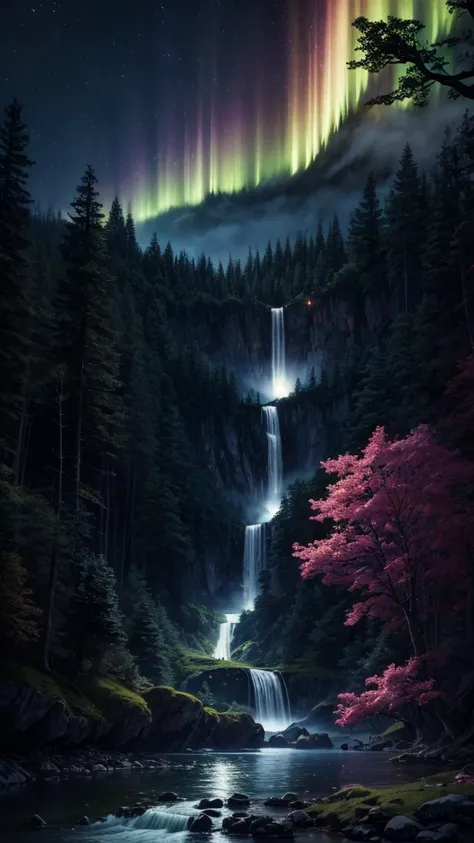 masterpiece, best quality, high quality, CG, 8K, landscape, night, Sky, cloud, unmanned ,Dense forest, Beautiful waterfall, rainbow, Fantasy image, firefly, moonlight, aurora, Tree, black snake on Tree, Apple herd, moose, Albino deer, White Rabbit,