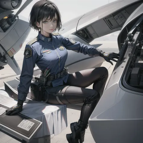 (Highest_solve, clear_image), Highest品質, masterpiece, Very detailed, Semi-realistic, beautiful 20-year-old female pilot standing in front of Warrior, Flight Suit, air force基地, Stationed at the airport, Warrior, air force, Bomber, Woman with short black hai...