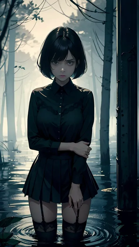 The woman,Expressive wrinkles,Bob haircut,jeans skirt,blouse,dark lace stockings with garters, standingn, ( drowning in a swamp:1.0),long eyelashes,expression of despair,Dark and moody lighting,Polluted atmosphere, terror. The pose expresses panic and awkw...