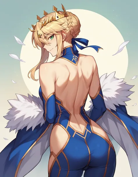 1 girl, Artoria Pendragon lancer (fate grand order), bare shoulders, bare back, looking back, looking at viewers, smiling