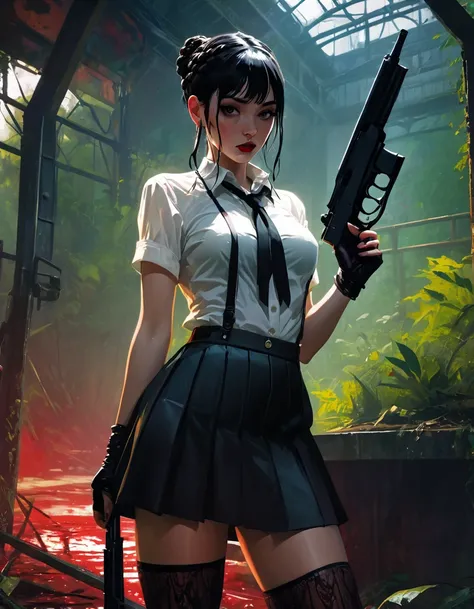 very sexy girl, braids, black hair, miniskirt, stockings, semi-open transparent white shirt, with a gun, blood, in an abandoned amusement park, abandoned attractions among vegetation. between shadows, oil painting, chiaroscuro, sensual, dramatic lighting, ...