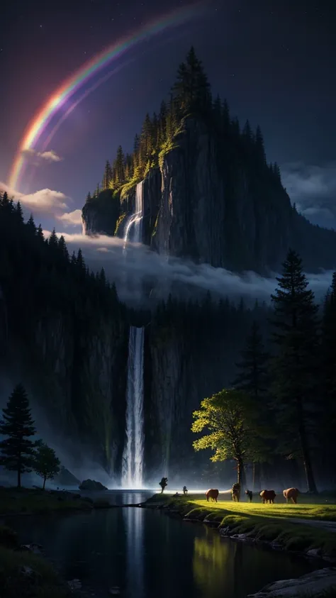 masterpiece, best quality, high quality, CG, 8K, landscape, night, Sky, cloud, unmanned ,Dense forest, Beautiful waterfall, rainbow, Fantasy image, firefly, moonlight, aurora, Tree, black snake on Tree, Apple herd, moose, Albino deer, White Rabbit,