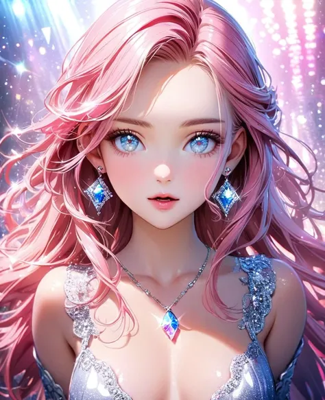 8K,gal，an extremely delicate and beautiful,Beautiful and realistic skin,Shiny jewel-like earrings,Shine like glitter long pink hair,beautiful eyes,glitter background,from the chest up