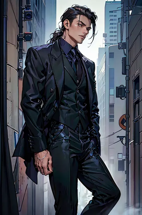 1male, dude, dude city background, cold stare, dead eyes, masterpiece, best quality, highly detailed,((suit, black jacket, black...