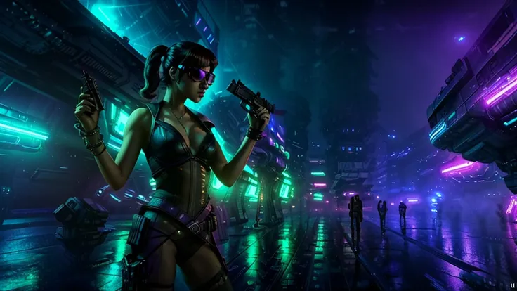 at night. futuristic space aircraft docking platform, neon-themed artwork with vibrant purple and blue colors, intense neon lights illuminating the entire scene, a dense layer of mist creating a dreamy atmosphere, a captivating and mesmerizing background w...