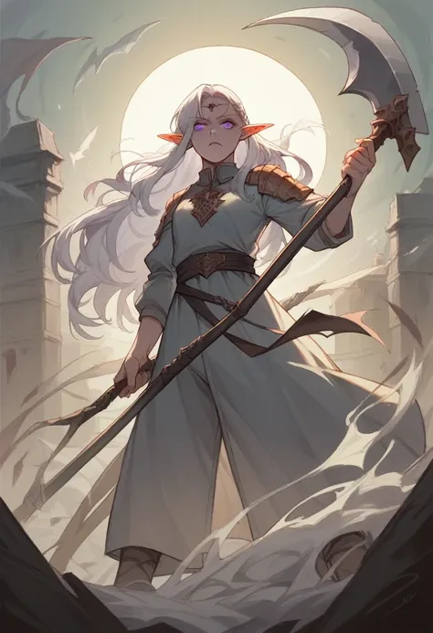 Elf goddess of death, magie, karo, revenge fertility and clairvoyance. pale, with violet eyes and long white hair, wearing a tunic and wielding a scythe. 