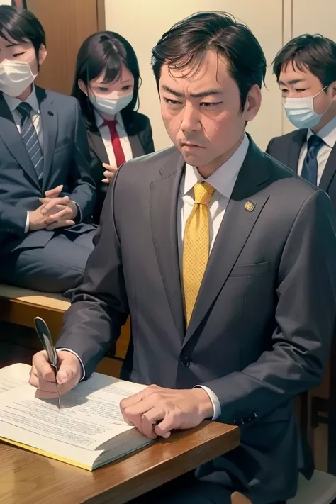 boy, alone, (水色のsuit、Yellow collared shirt、Wine red tie), (lawyer), suit, (Court), (trial), ((Witness examination)), Legal Book, document, Court内, Tension, justice, Serious expression、Exaggerated attitude, 