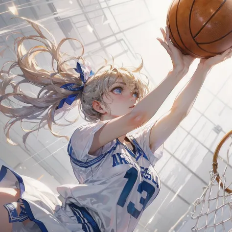  masterpiece, (textured skin), best quality, gorgeous beautiful girl, (a female basketball athlete), detailed clothes,large breasts,narrow waist,, (beautiful face), cinematic lighting, (at basketball venue ),