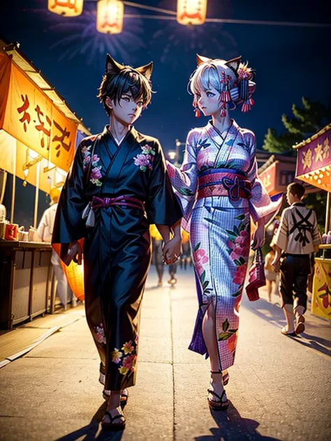 Masterpiece,Highest Resolution,Highest quality,(((Summer festival lovers))),A beautiful boy with a shaved head and a beautiful girl with cat ears walk hand in hand,night,stall,firework,(((yukata))),