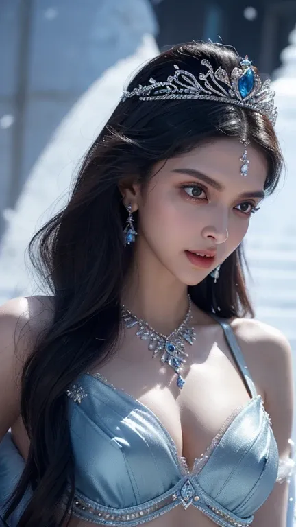 There was a woman wearing a bra.,Wearing a necklace,((Beautiful Fantasy Empress).Deepika Padukone was inspired，Azure.Fine hair,Snowy princess in winter,LCE Princess,Artwork by Guvez-Steville,8k)),Fantasy Aesthetics!.Gveiz,Ice Queen,8K high quality, detaile...