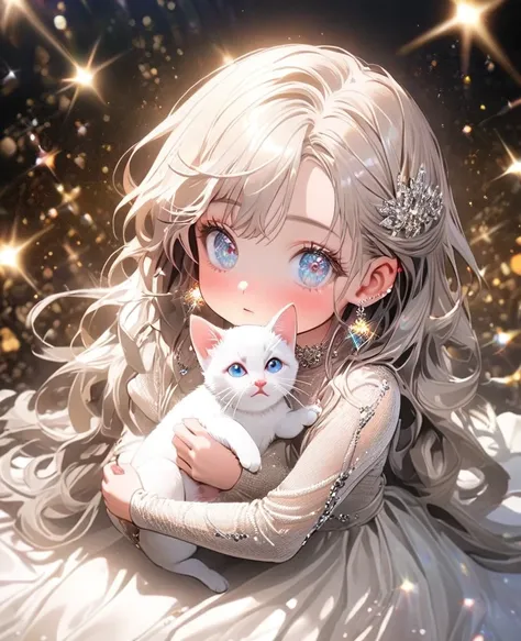 8K,gal，an extremely delicate and beautiful,Beautiful and realistic skin,Shiny jewel-like earrings,Shine like glitter long silver hair,beautiful eyes,glitter background,white tight knit dress,holding a kitten,full body