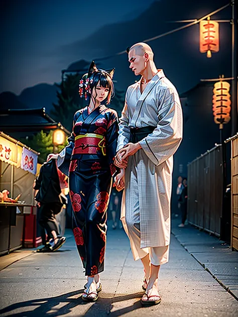 Masterpiece,Highest Resolution,Highest quality,(((Summer festival lovers))),A beautiful boy with a shaved head and a beautiful girl with cat ears walk hand in hand,night,stall,firework,(((yukata))),