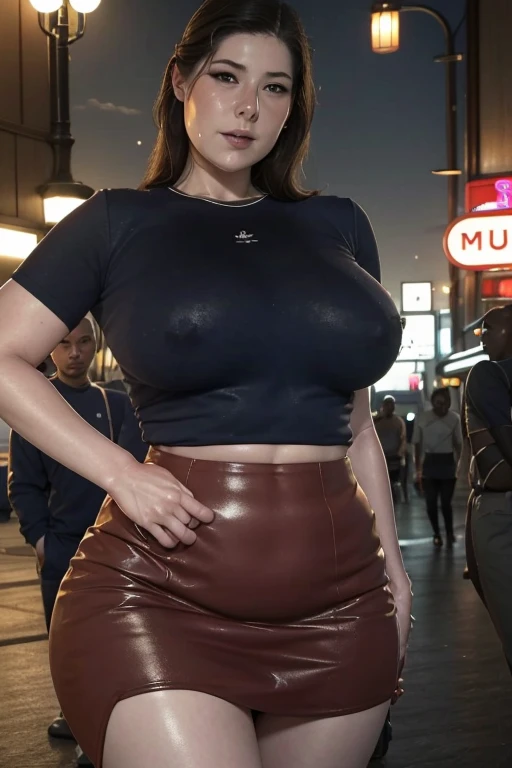 Voluptuous leather WOMAN with big breasts and wide hips, wearing a mimi skirt with a tight t-shirt, walked through a city 