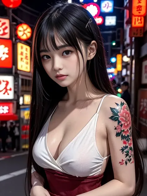 16-year-old girl Wahori skin, Yakuza, japanese mafia, Background of Tokyo Red Light District, realistic, Photoreal, masterpiece, highest quality, Movie photo of a Japan cartel gang with tattoos, spectacular lighting, japanese Yakuza tattoo, Japanese art, J...