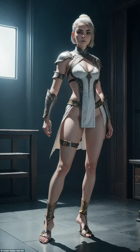 ((Full body photo, standing, feet on the floor))Kiernan shipka, white one side shaved haircut, in mortal kombat Shao Kahn outfit, full body, provocative pose, cinematic, intricate details, ray tracing, hell background.