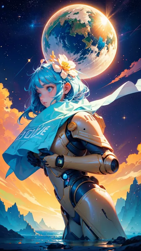 A cute girl with text "GOOD good morning" on its body and various carrying signs that say words like Earth, , animal, sun, wind, water, robot, sky, flower, mountain, cave, space, and star, features desert-like terrain with small mountains