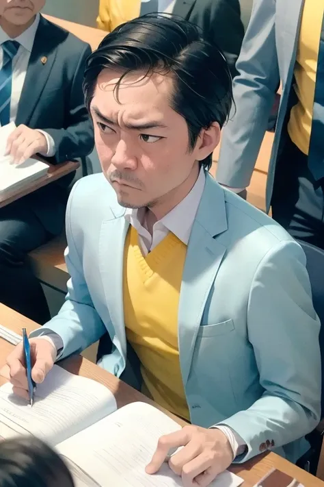 boy, alone, ((Light blue suit))、((Yellow Shirt)), lawyer, (Court), (trial), ((Witness examination)), Legal Book, document, Court内, Tension, justice, Serious expression、Exaggerated attitude, 