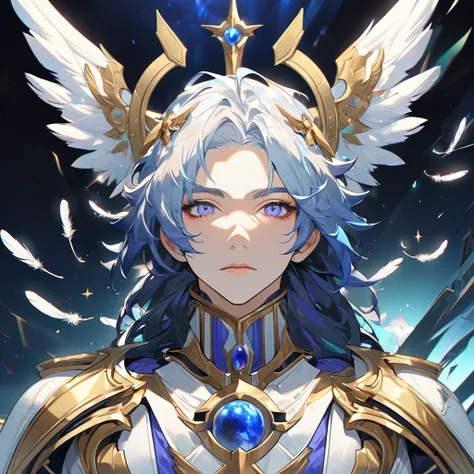 portrait man omega celestial with sacred armor, falling angel feathers, in the style of realism, 8k, estilo Angel Sanctuary, realisitic 