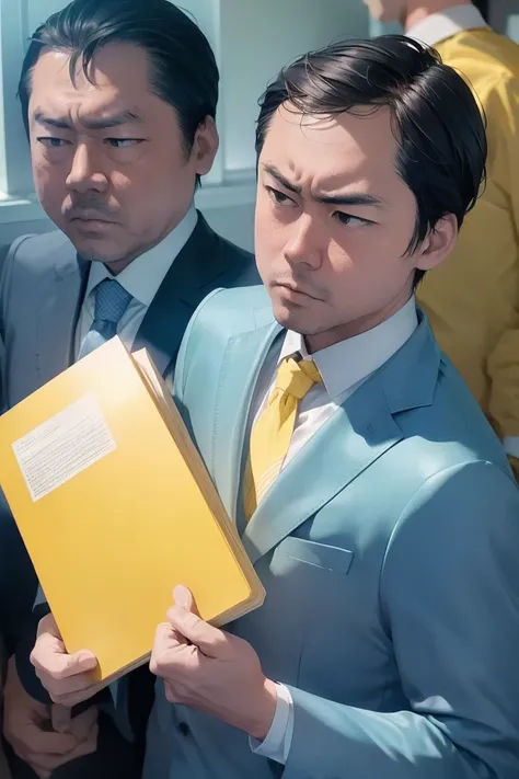 boy, alone, ((light blue suit))、((yellow shirt)), lawyer, (court), (trial), ((witness examination)), legal book, document, court...