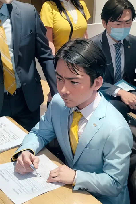 boy, alone, ((Light blue suit))、((Yellow Shirt)), lawyer, (Court), (trial), ((Witness examination)), Legal Book, document, Court内, Tension, justice, Serious expression、Exaggerated attitude, 