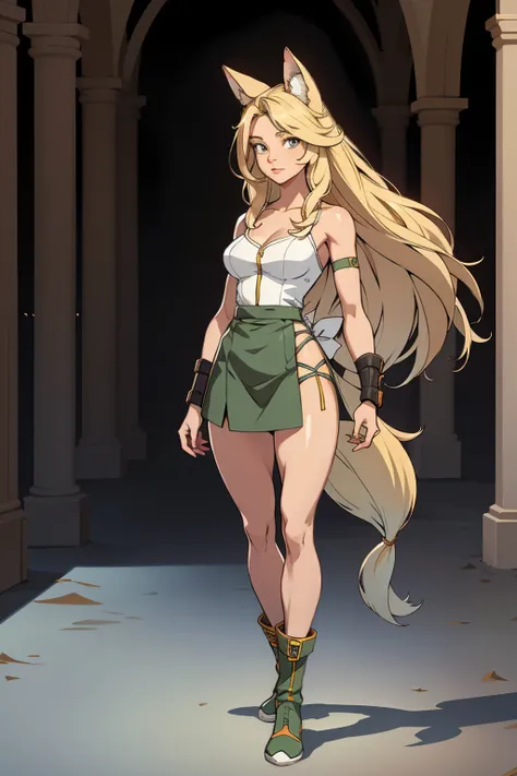 ((Full body photo, standing, feet on the floor)) Beautiful 1girl, full body, teenager, solo, (very long waist length blonde hair, straight blonde hair: 1.28), ((light blue eyes)), clear skin, (large darker fox ears: 1.35), pale skin, medium breasts, cleava...