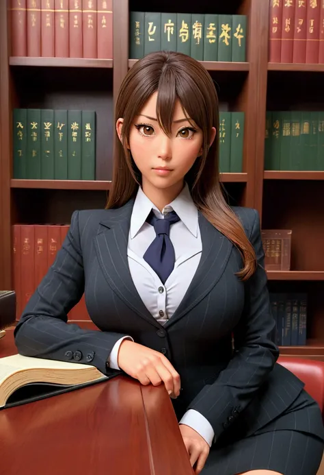 japanese lawyer, gigantic breasts, business suits, tight skirt, cleavage:-2, (buttoned shirts:1.3), Law Firm, He is sitting at a desk with a shelf full of law books behind him.