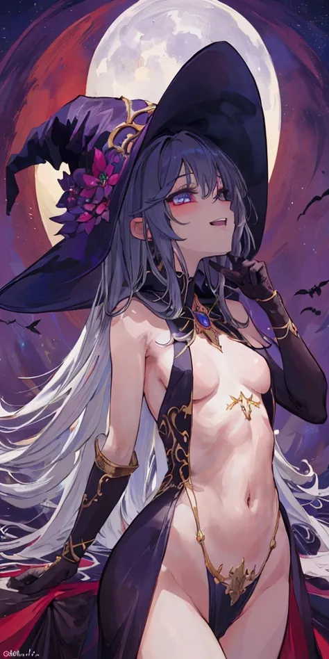 ((Best masterpiece, Perfect quality, Ultra detailed)), A witch girl, With small small breasts, With skinny body, Giggling