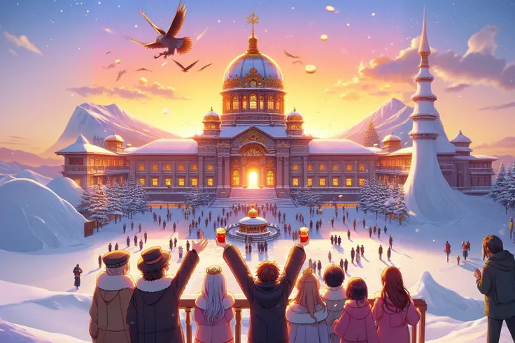 people celebrating sunrise in front of a snow palace in anime style