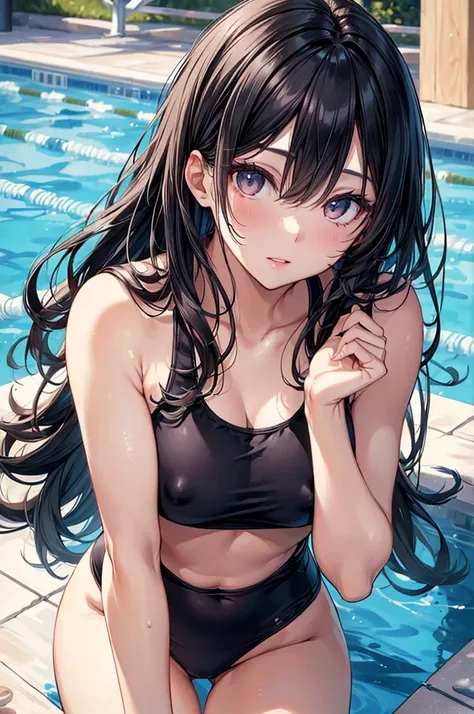 ((Highest quality))、((masterpiece))、(detailed)、((Anatomically correct))、(High resolution、8k)、(Beautiful Skin:1.1)、One woman、Look at me、Shiny black hair、long hair、Straight Hair、(Beautiful eyes:1.2)、F Cup、School Swimsuit、Erect nipples、School swimming pool
