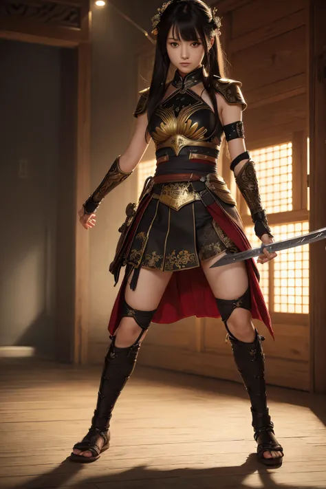 ((Full body photo, standing, feet on the floor)) Young Japanese Girl, warrior, Evil look,,Combat Stance, Swinging a Sword, Very detailedな, Full body image, Vibrant appearance, Creative Action, Very detailedな, Imaginative, Sensual, Voluntary, highest qualit...