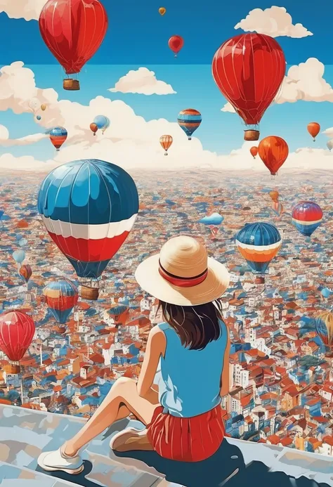 A girl sitting on red, blue and white color balloons、Girl in a straw hat、Smile、beautiful girl、profile、Flying high in the blue sky、Below you can see a small picture of the city.、Fancy、Pop Art、masterpiece、High definition、far and near method、warm color