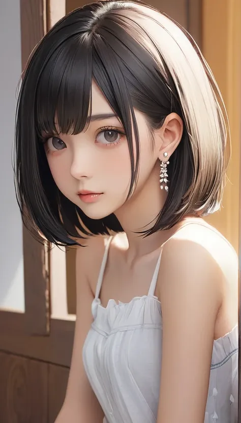 (masterpiece, highest quality:1.2), one girl, alone,bony body、15 years old、bob cut、earrings