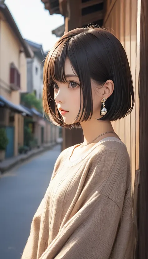 (masterpiece, Highest quality:1.2), One girl, alone,bony body、15 years old、bob cut、Earrings