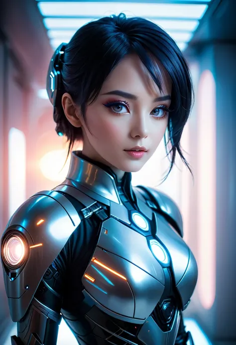 Beautiful woman,AI vision,science fiction,future,futuristic,cyber cosplay, soft light